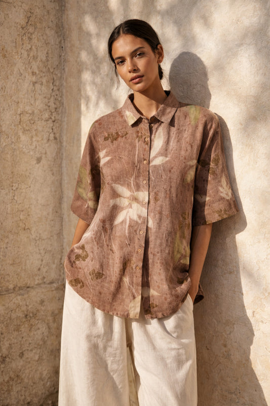 Handspun handwoven cotton eco print shirt for women in earthy cocoa brown with natural leaf prints, relaxed fit, handmade and naturally dyed.