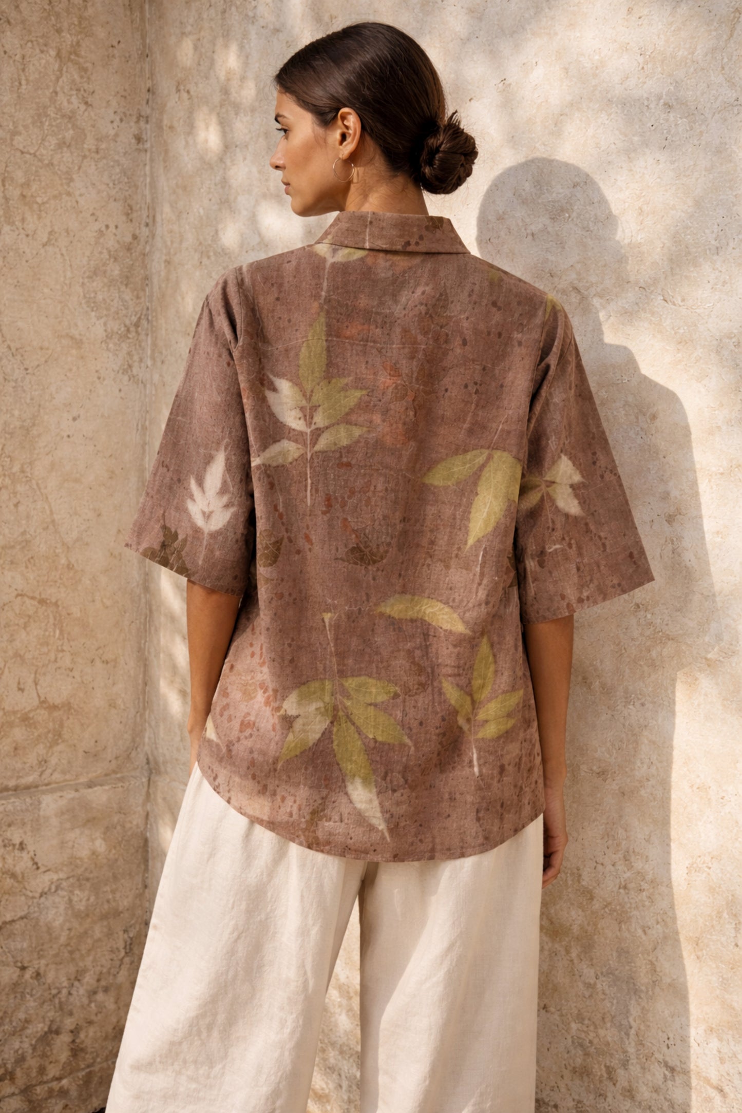 Handspun handwoven cotton eco print shirt for women in earthy cocoa brown with natural leaf prints, relaxed fit, handmade and naturally dyed.