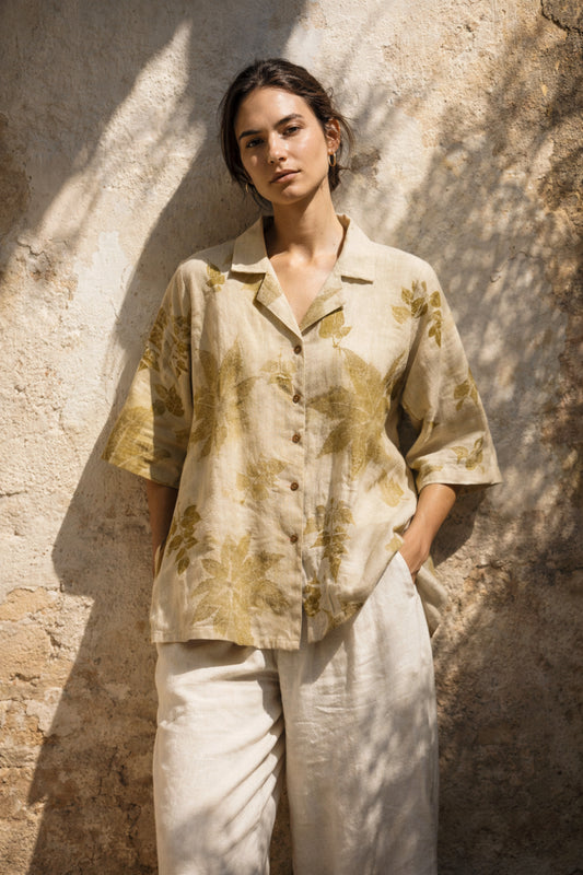 Handspun handwoven cotton eco print shirt for women in sand beige with natural leaf prints in olive tones, relaxed fit, handmade and naturally dyed.