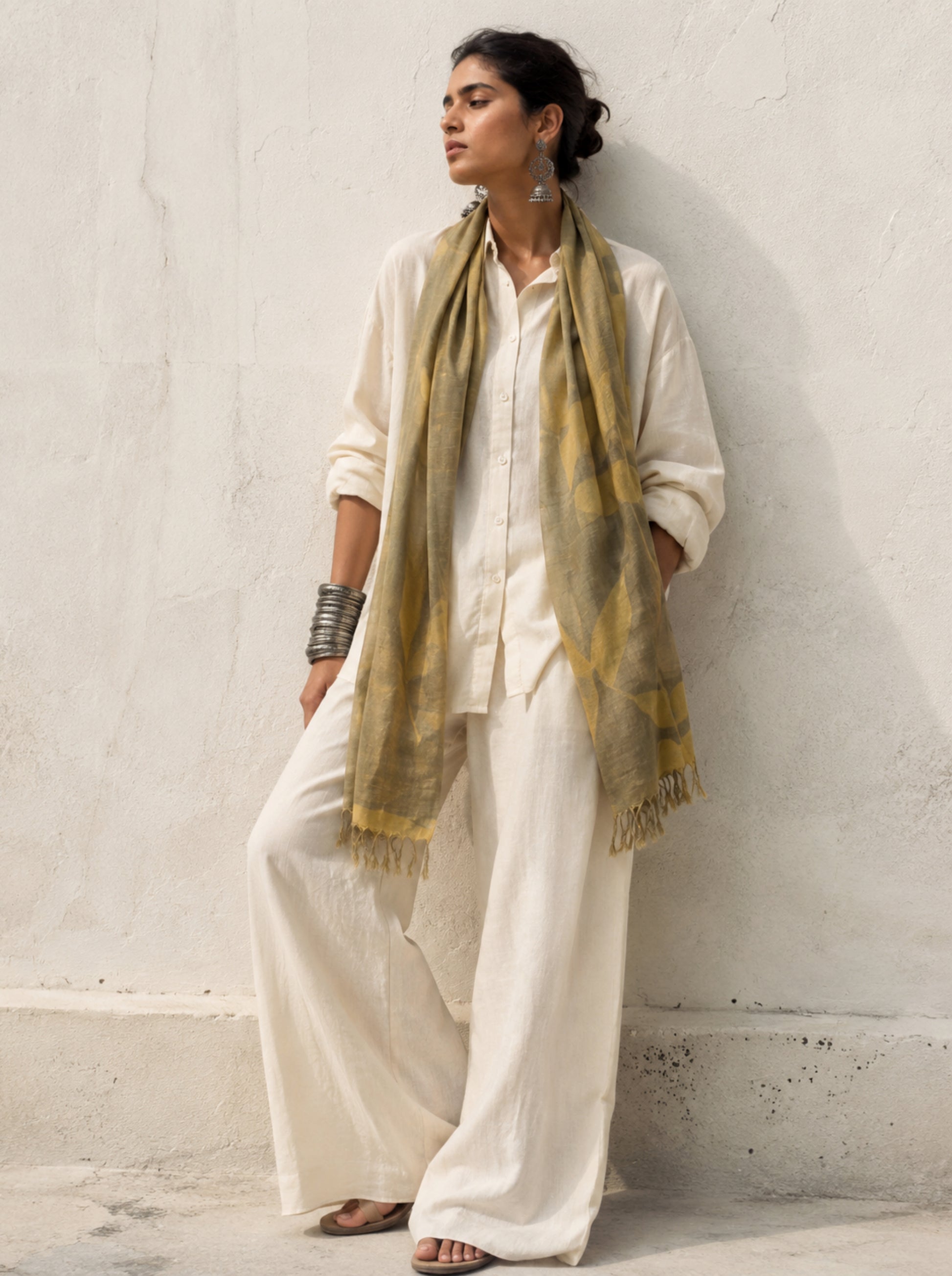 Naturally dyed eco printed handspun and handwoven cotton dupatta with botanical leaf prints and tassels