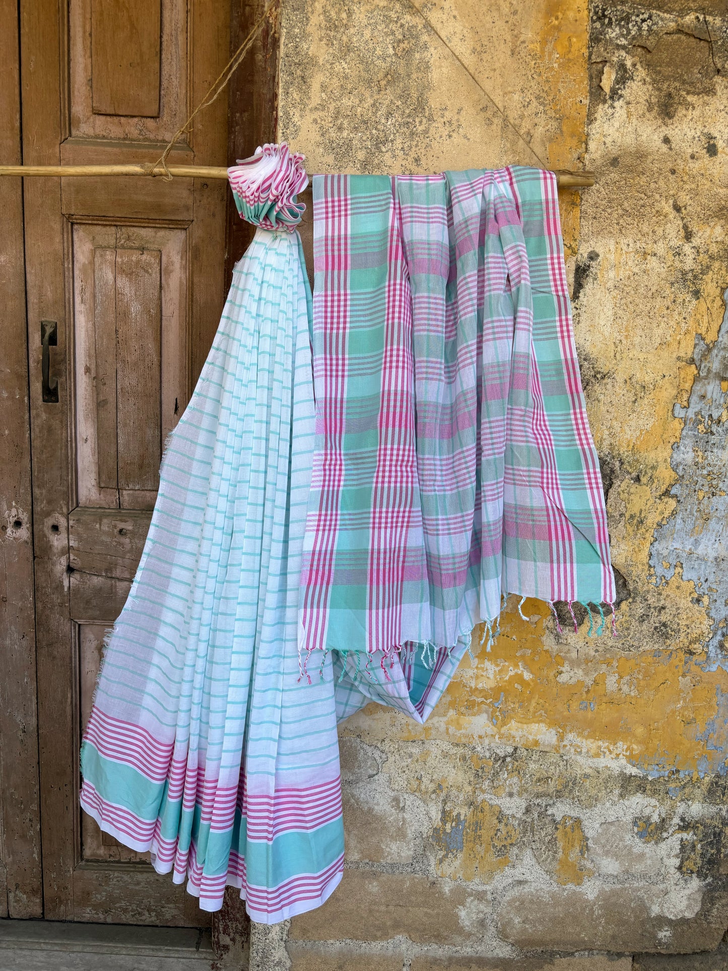 Handspun and handwoven white cotton saree with aqua, mint green and blush pink stripes, lightweight handloom saree with running blouse.