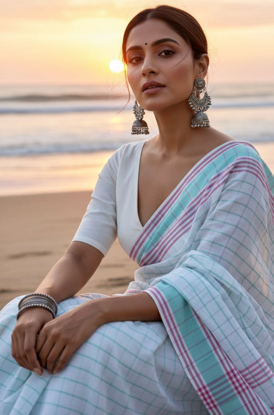 Handspun and handwoven white cotton saree with aqua, mint green and blush pink stripes, lightweight handloom saree with running blouse.