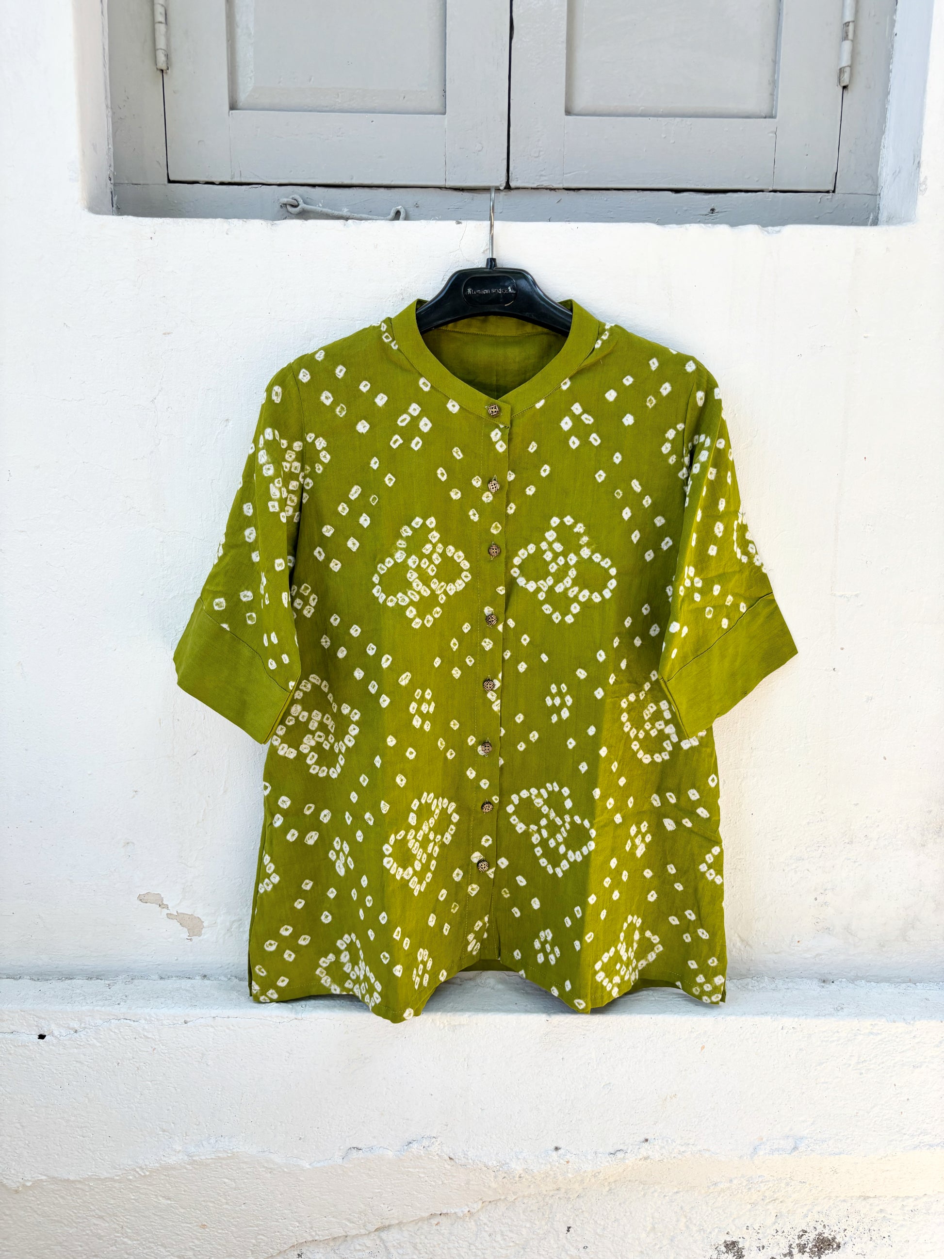 Green Bandhani shirt for women with scattered front pattern and round design at back, hand tie dyed on cotton satin, relaxed fit