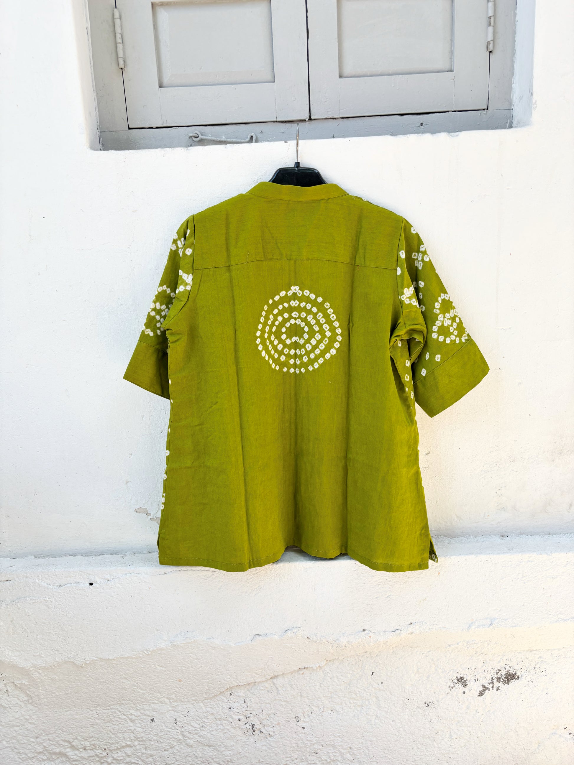 Green Bandhani shirt for women with scattered front pattern and round design at back, hand tie dyed on cotton satin, relaxed fit