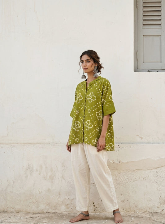 Green Bandhani shirt for women with scattered front pattern and round design at back, hand tie dyed on cotton satin, relaxed fit