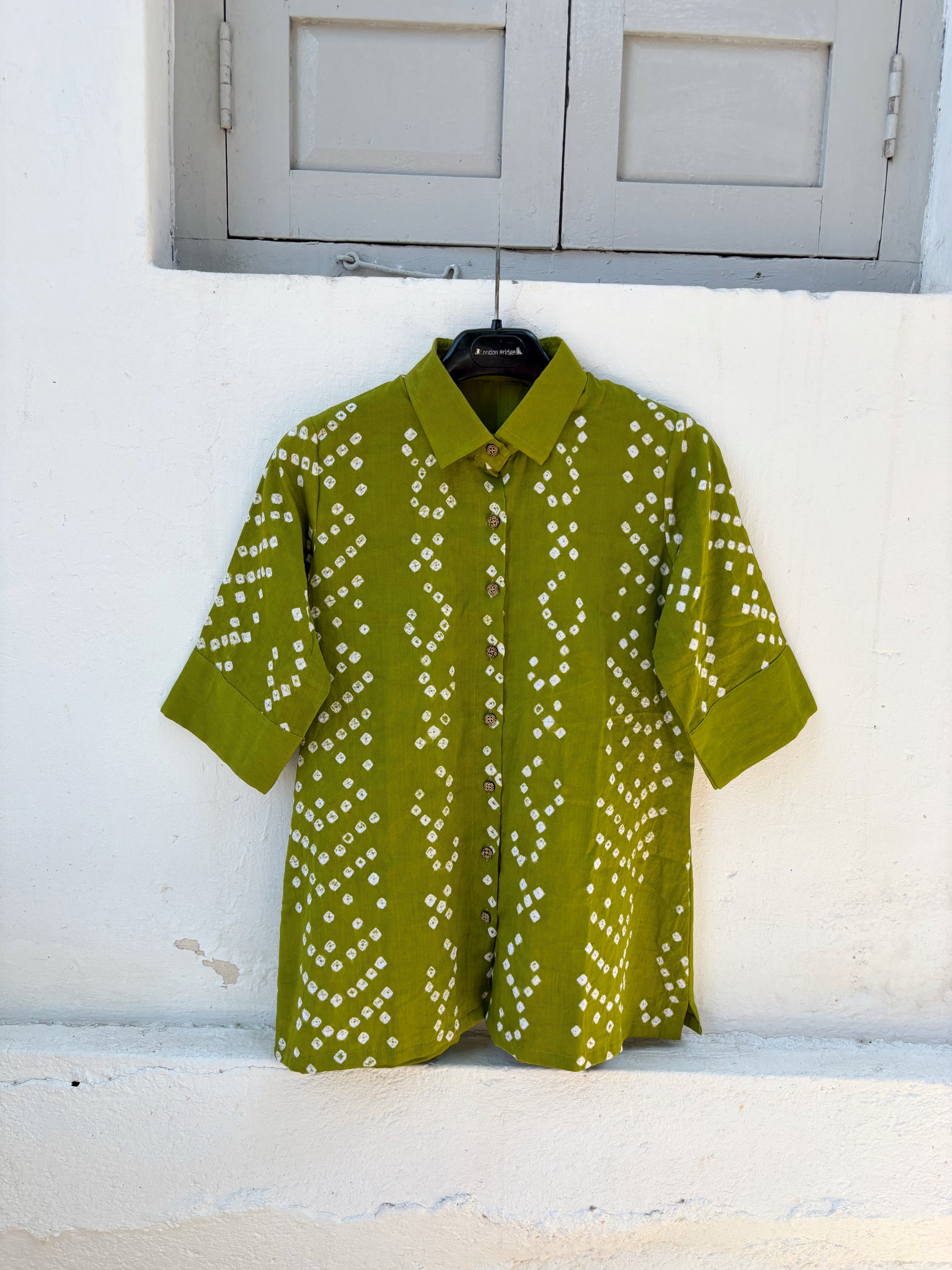 Green Bandhani shirt for women with leher pattern in front and round design at back, hand tie dyed on cotton satin, relaxed fit