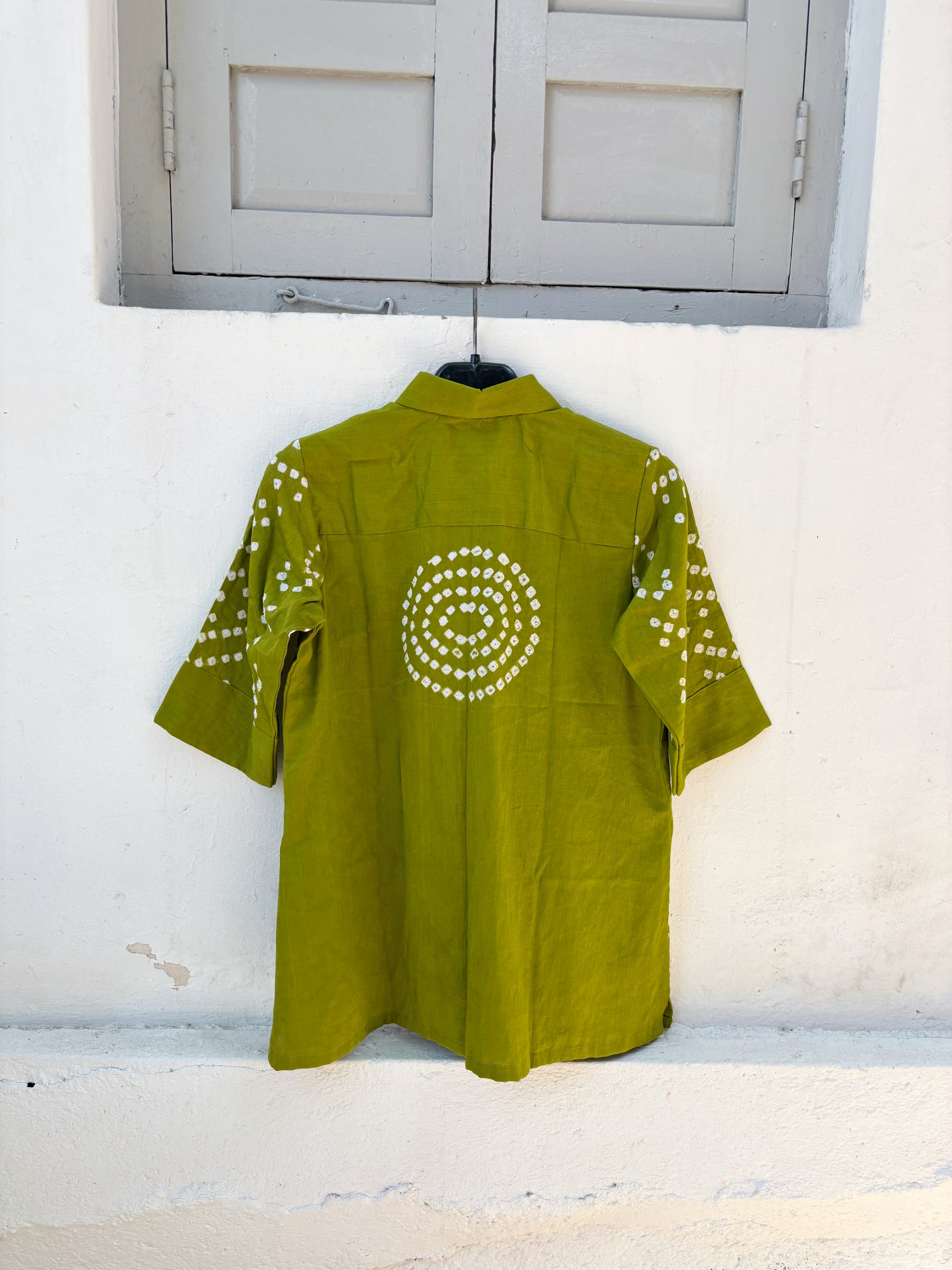 Green Bandhani shirt for women with leher pattern in front and round design at back, hand tie dyed on cotton satin, relaxed fit
