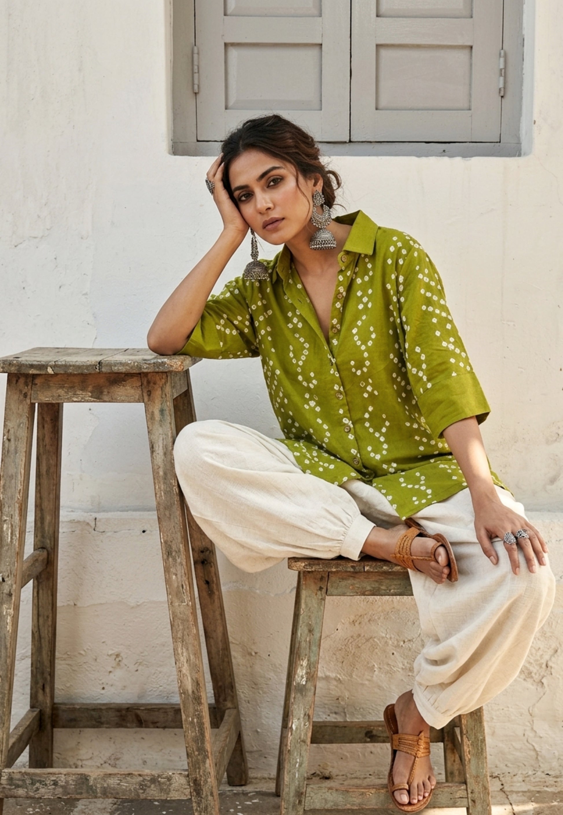 Green Bandhani shirt for women with leher pattern in front and round design at back, hand tie dyed on cotton satin, relaxed fit