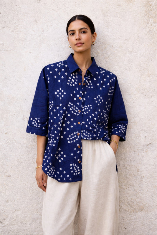 Indigo Bandhani shirt for women in cotton satin with hand tie dyed white dot patterns, relaxed fit and handcrafted design