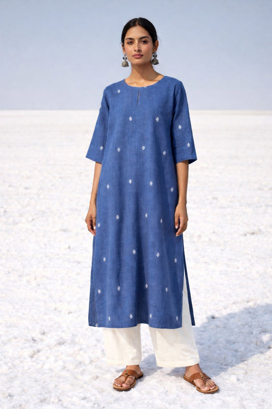 Indraneel indigo handspun handwoven organic cotton kurta for women with relaxed fit and woven motifs