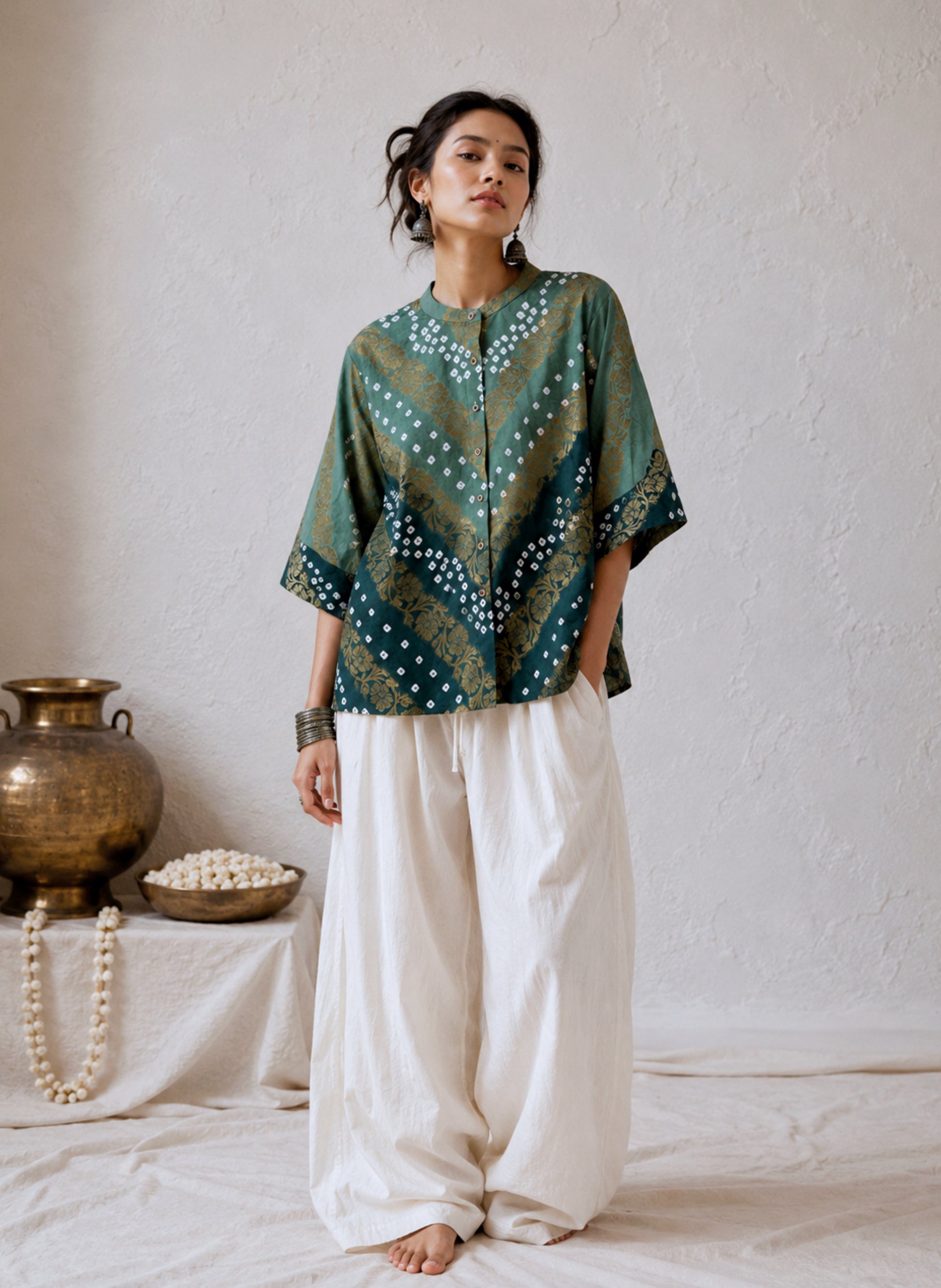 Jal festive Bandhani cotton shirt in dusty teal and deep peacock blue-green with ivory hand tie-dyed Bandhani and antique-gold self-Banarasi floral weave