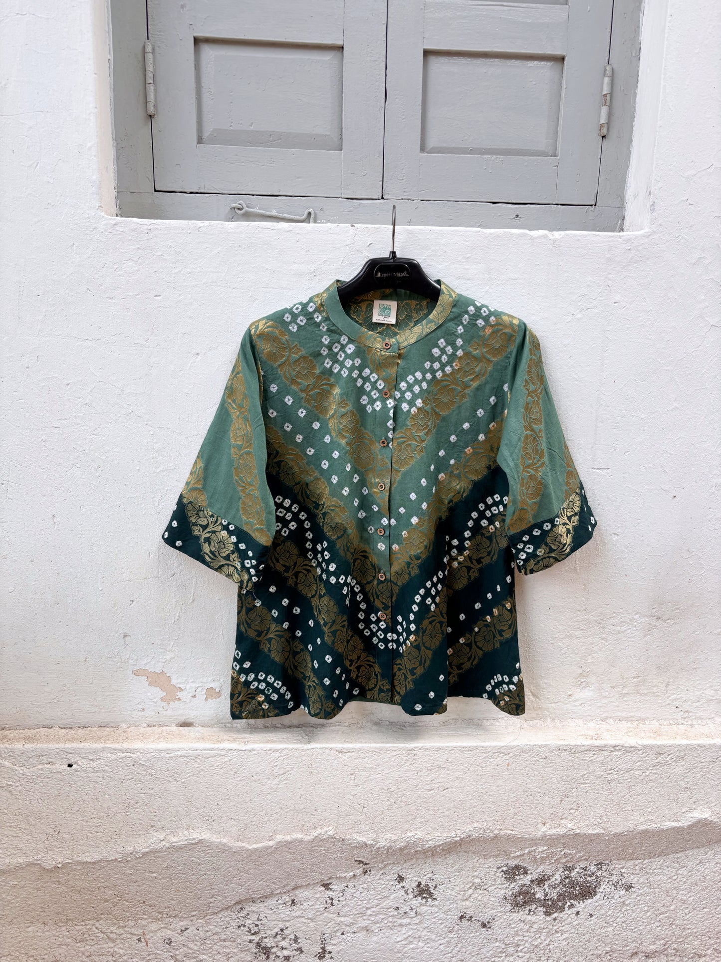 Jal festive Bandhani cotton shirt in dusty teal and deep peacock blue-green with ivory hand tie-dyed Bandhani and antique-gold self-Banarasi floral weave