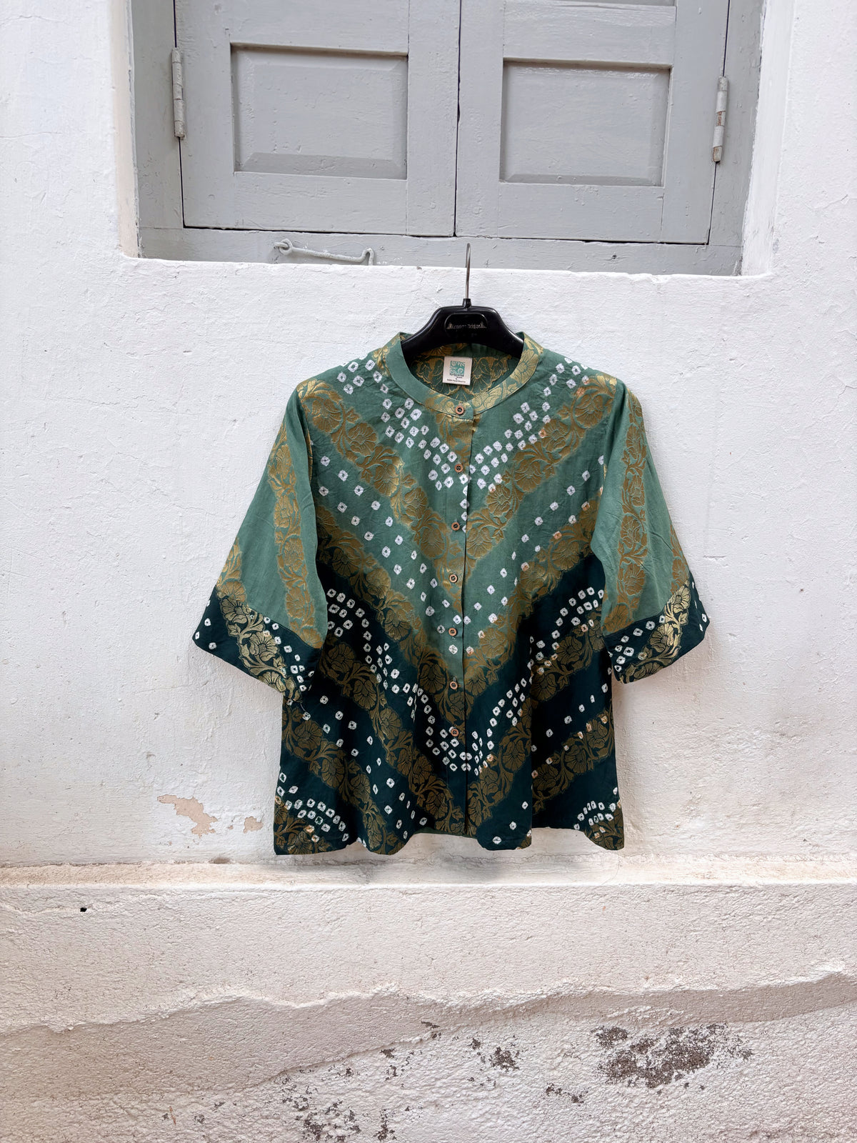 Jal festive Bandhani cotton shirt in dusty teal and deep peacock blue-green with ivory hand tie-dyed Bandhani and antique-gold self-Banarasi floral weave