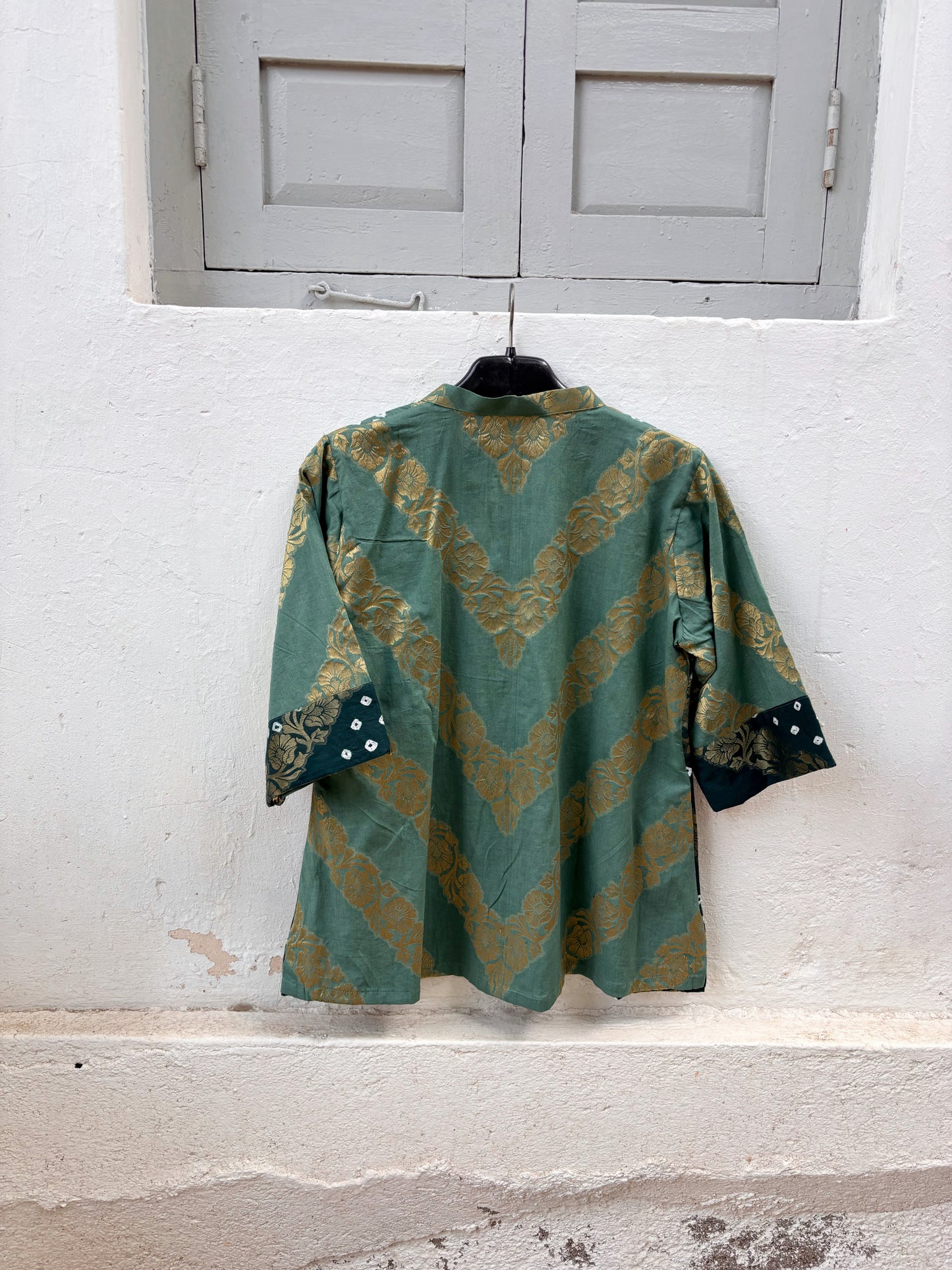 Jal festive Bandhani cotton shirt in dusty teal and deep peacock blue-green with ivory hand tie-dyed Bandhani and antique-gold self-Banarasi floral weave