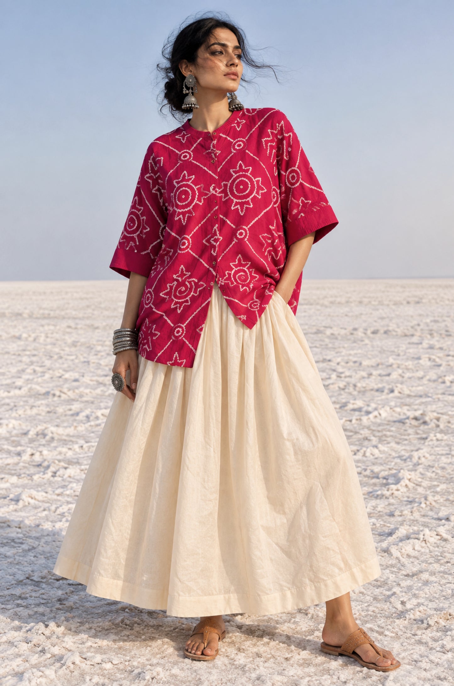 Jalsa festive Rai Bandhani cotton satin shirt in raspberry pink with ivory hand tie-dyed Bandhani and soft mandarin collar
