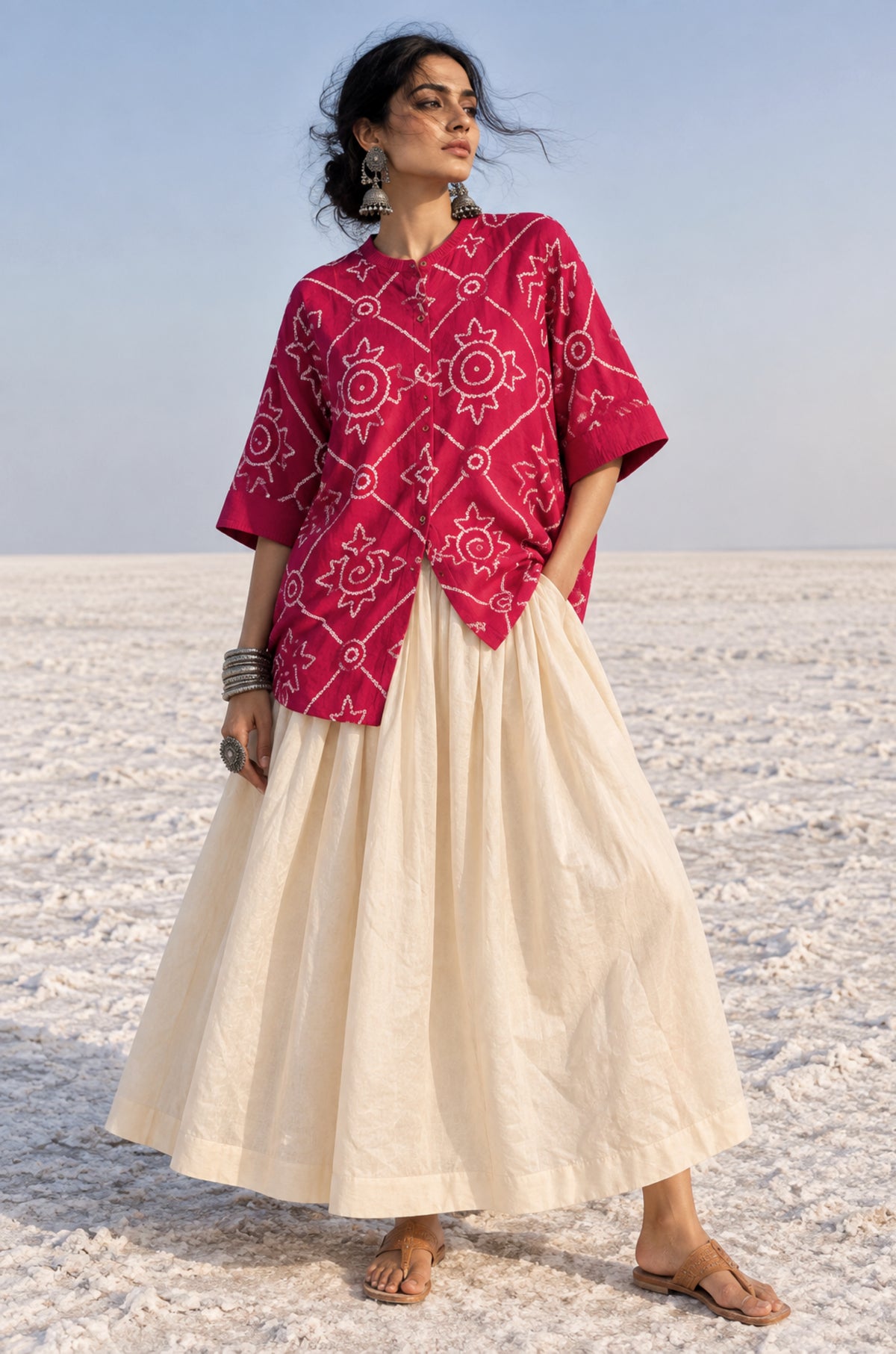 Jalsa festive Rai Bandhani cotton satin shirt in raspberry pink with ivory hand tie-dyed Bandhani and soft mandarin collar

