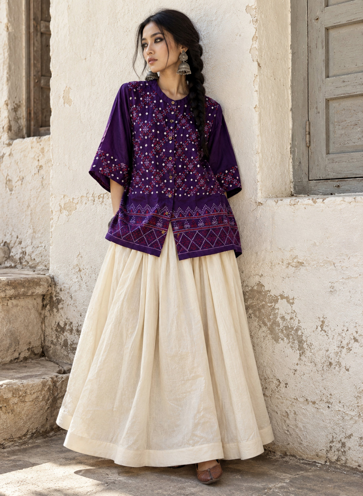 Jamuni deep purple hand tie-dyed Bandhani cotton satin shirt with ivory dots and machine embroidery