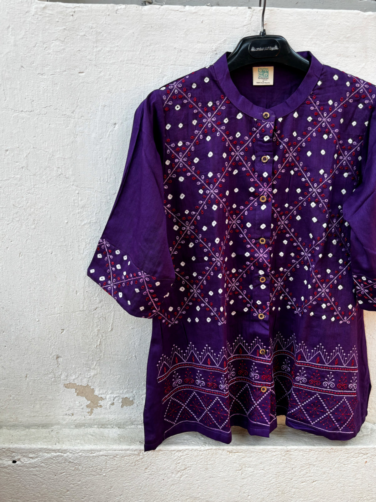 Jamuni deep purple hand tie-dyed Bandhani cotton satin shirt with ivory dots and machine embroidery