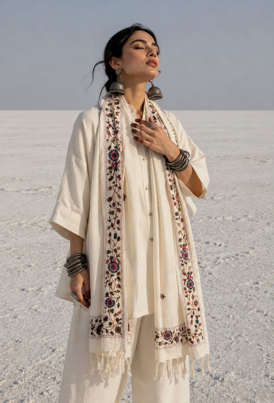 Juhi hand spun and handwoven off-white cotton dupatta with floral embroidered borders, scattered floral buds, and handcrafted tassels.