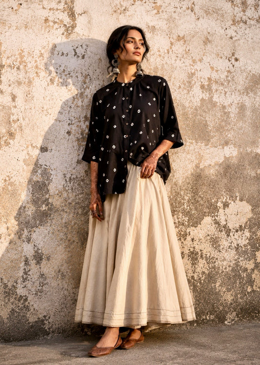 Kaali Dani black Bandhani cotton satin relaxed fit shirt with mandarin collar for women