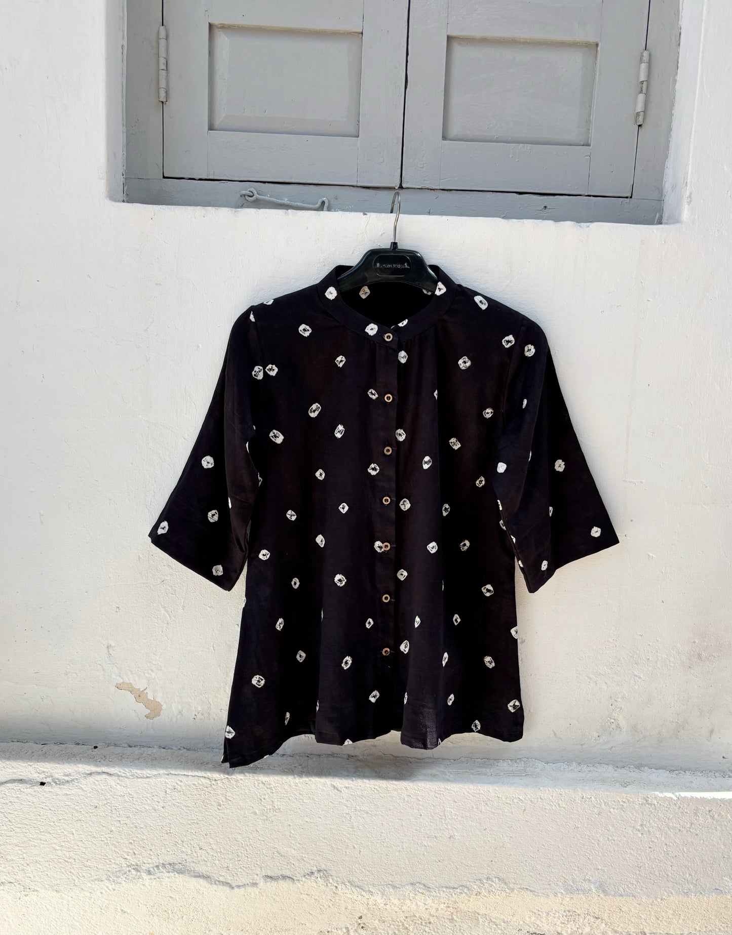 Kaali Dani black Bandhani cotton satin relaxed fit shirt with mandarin collar for women