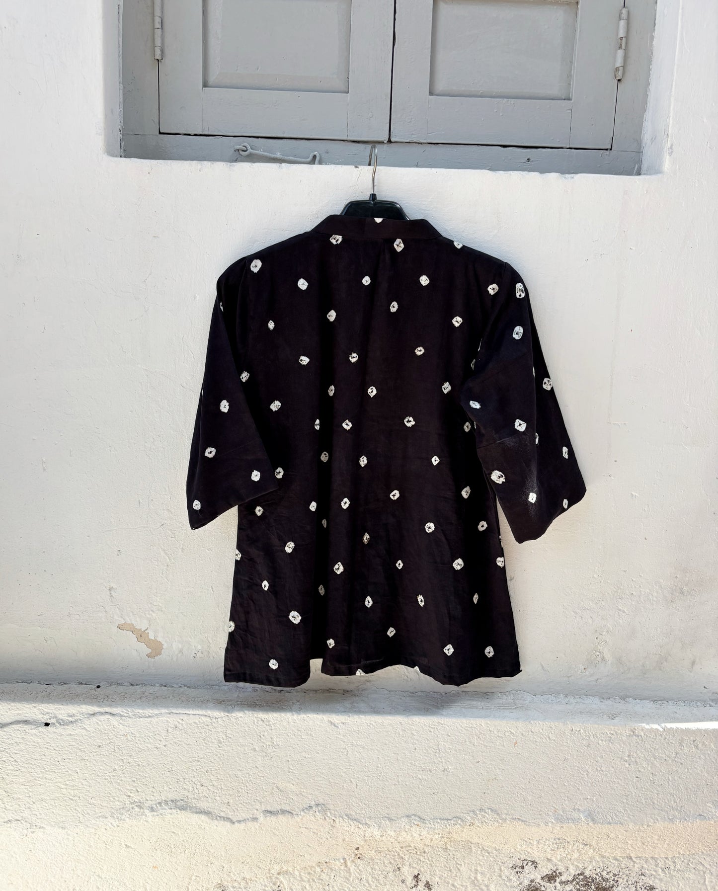 Kaali Dani black Bandhani cotton satin relaxed fit shirt with mandarin collar for women