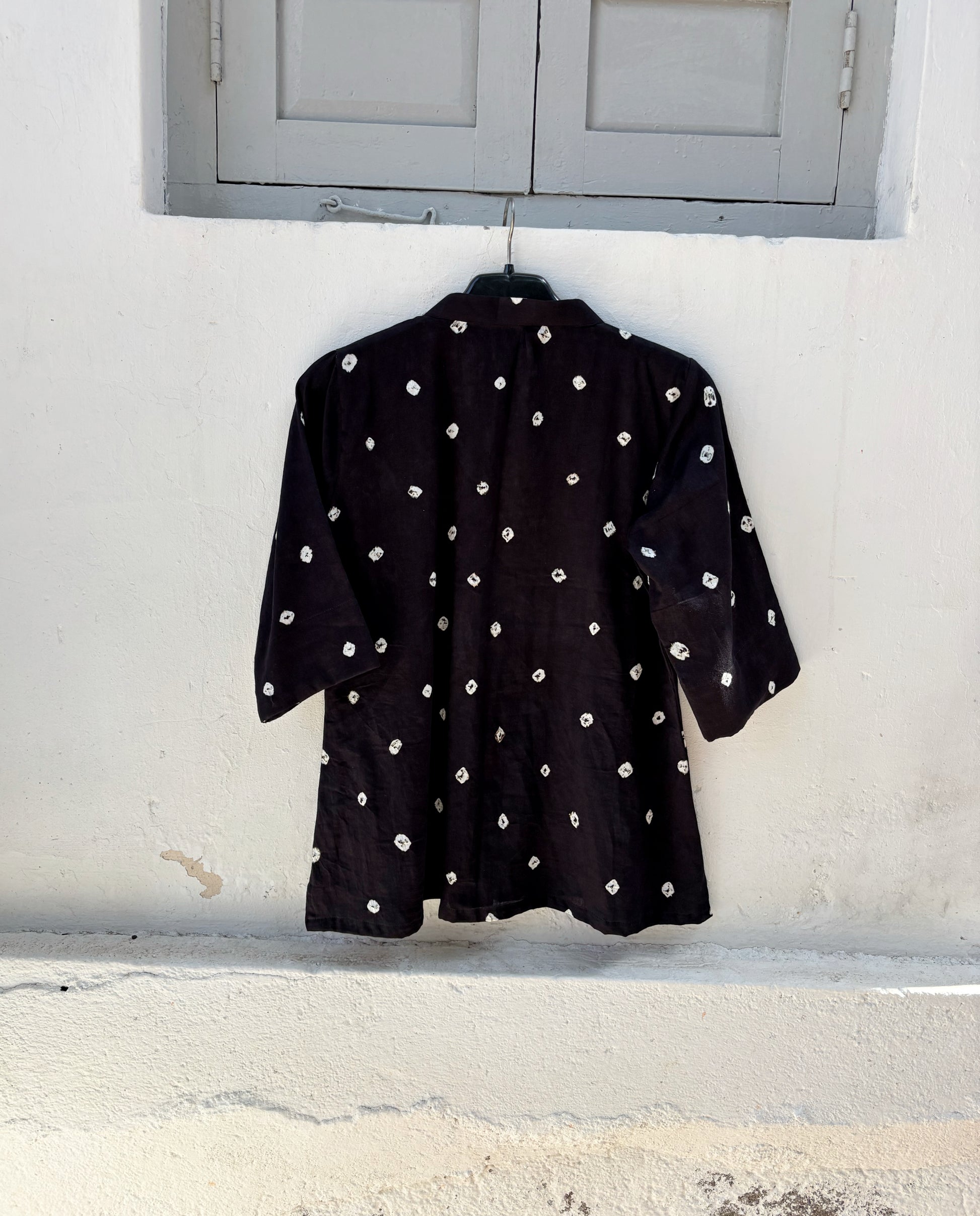 Kaali Dani black Bandhani cotton satin relaxed fit shirt with mandarin collar for women
