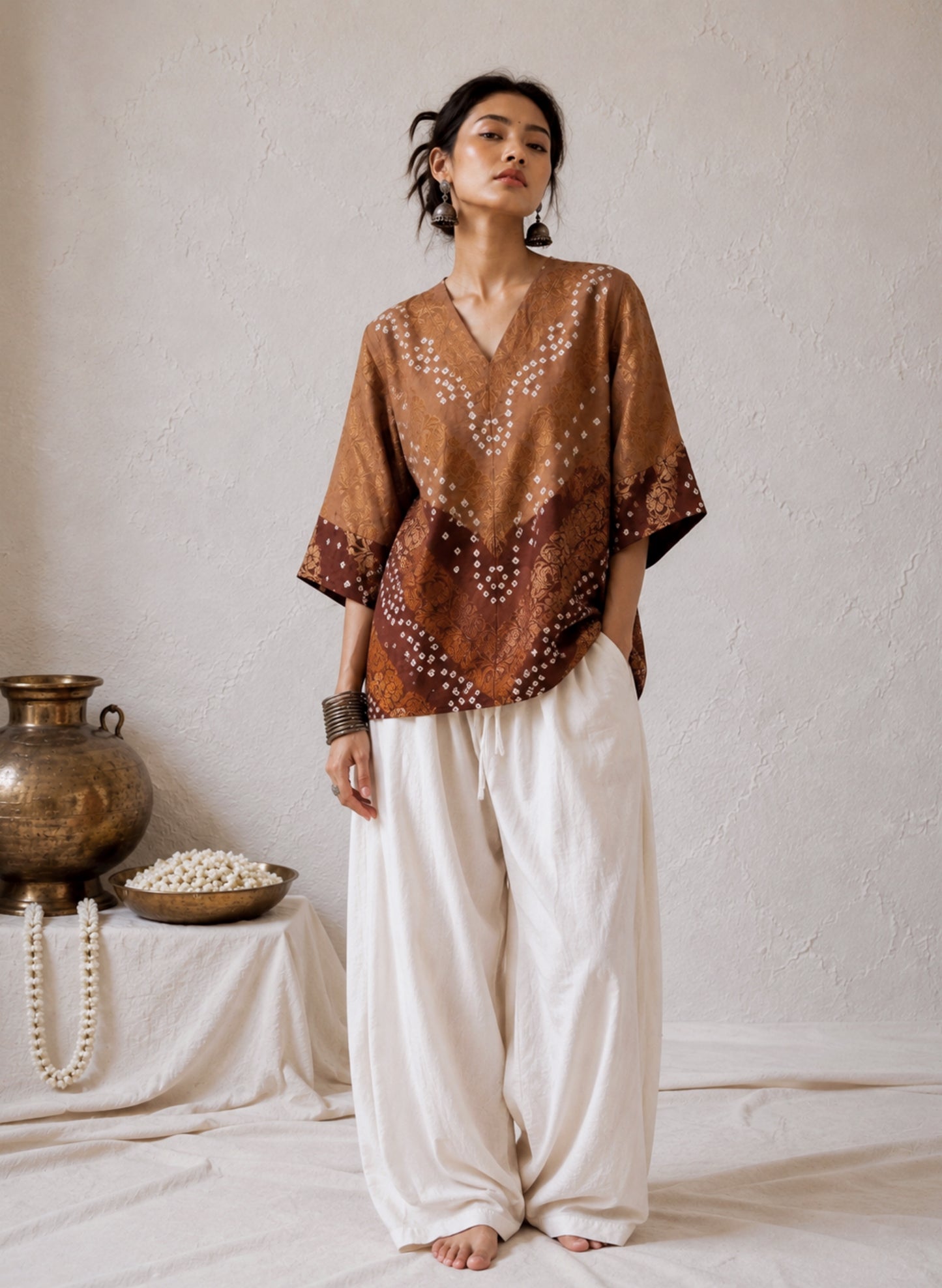 Kaashvi festive Bandhani cotton shirt in soft caramel brown and deep cocoa brown with ivory hand tie-dyed Bandhani and antique-gold self-Banarasi floral weave