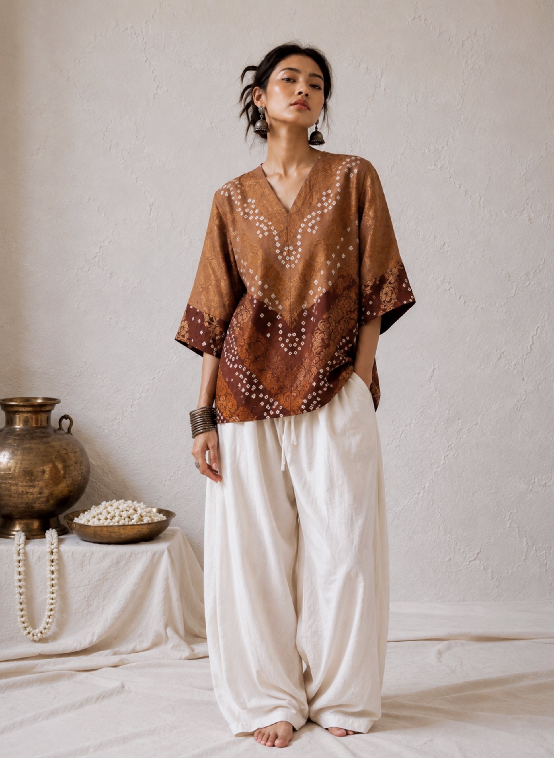 Kaashvi festive Bandhani cotton shirt in soft caramel brown and deep cocoa brown with ivory hand tie-dyed Bandhani and antique-gold self-Banarasi floral weave