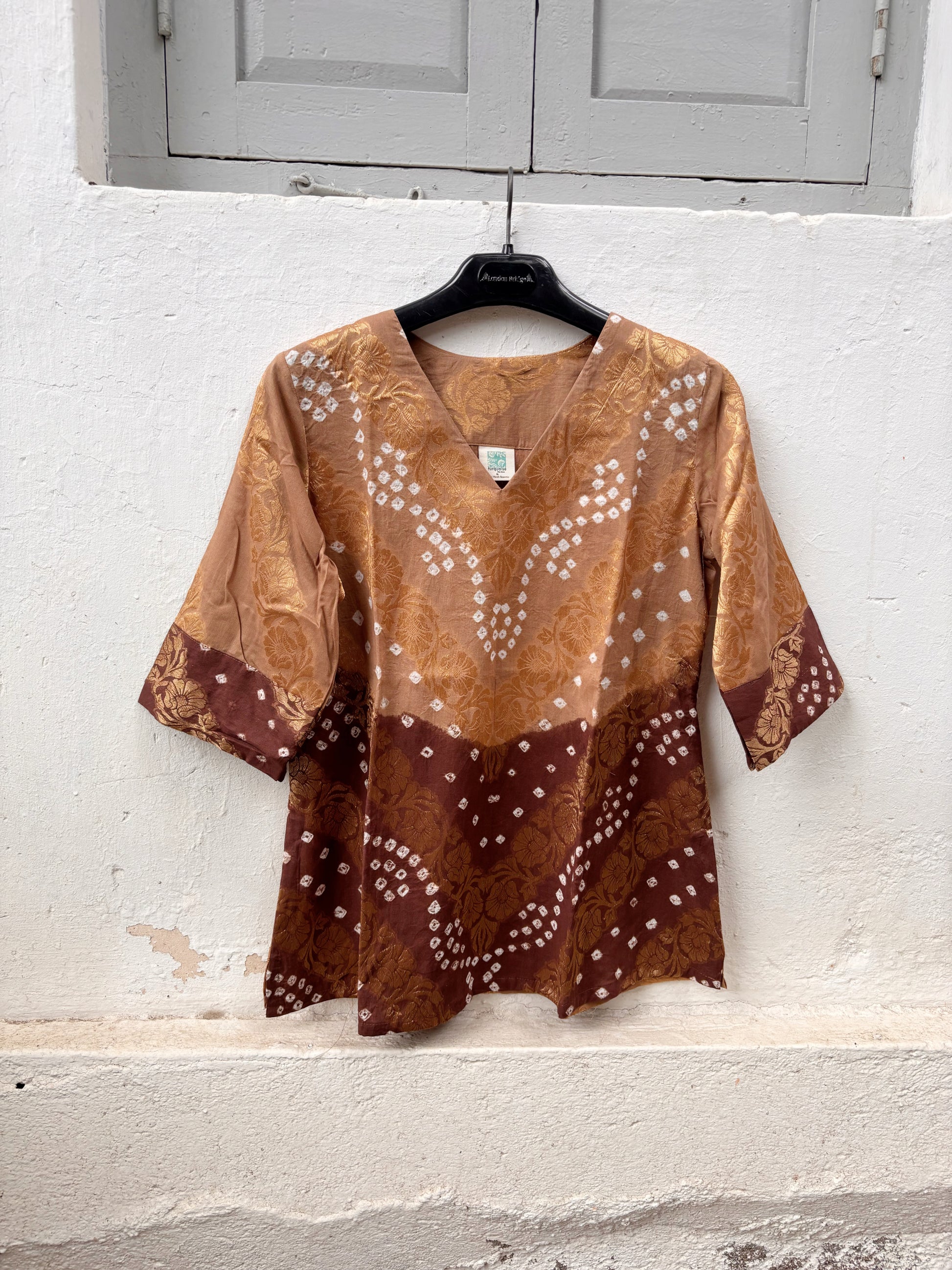 Kaashvi festive Bandhani cotton shirt in soft caramel brown and deep cocoa brown with ivory hand tie-dyed Bandhani and antique-gold self-Banarasi floral weave