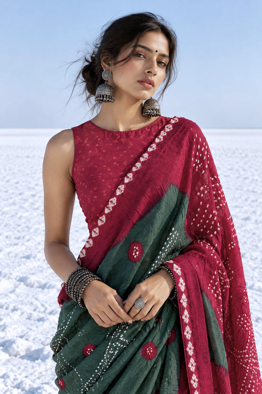 Kachnar hand tie-dyed Bandhani cotton saree in muted English green and rose pink with white geometric and floral motifs