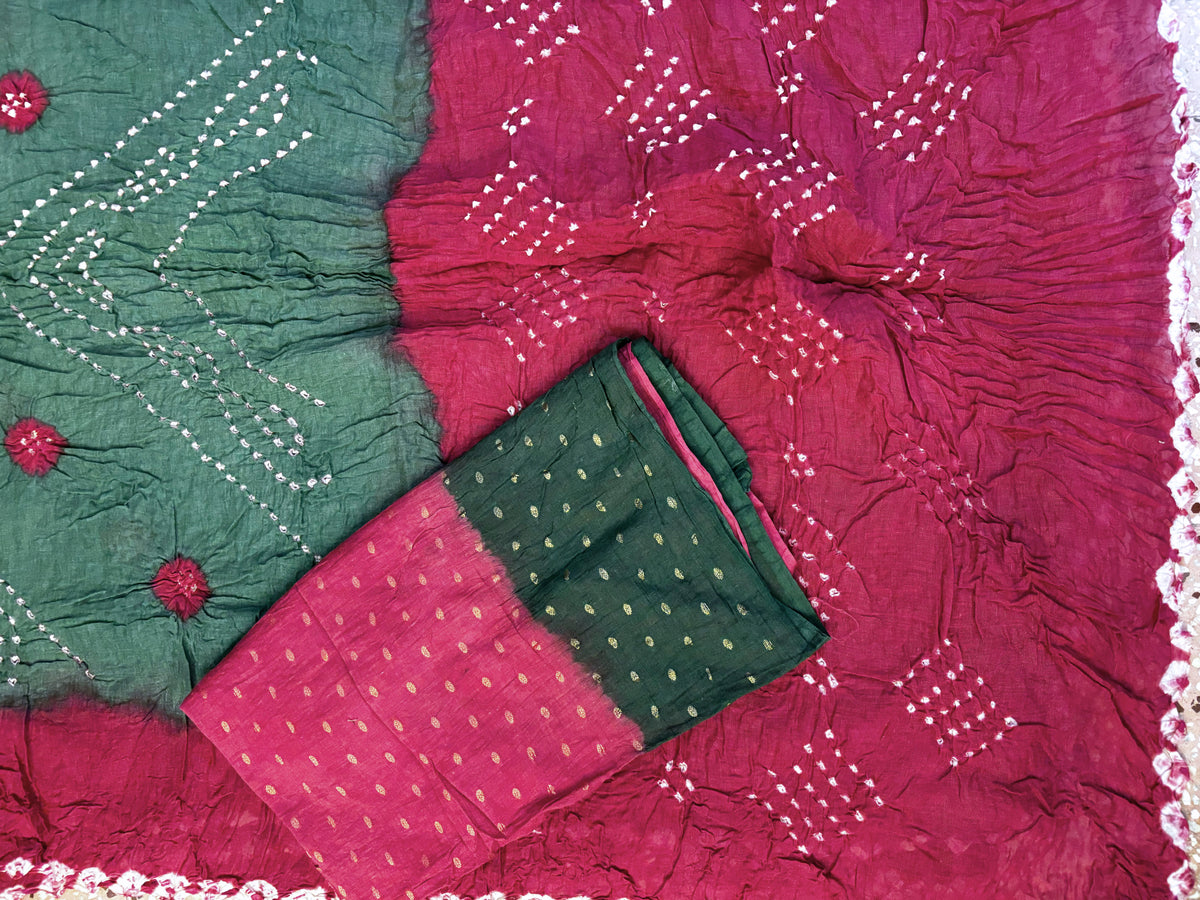Kachnar hand tie-dyed Bandhani cotton saree in muted English green and rose pink with white geometric and floral motifs