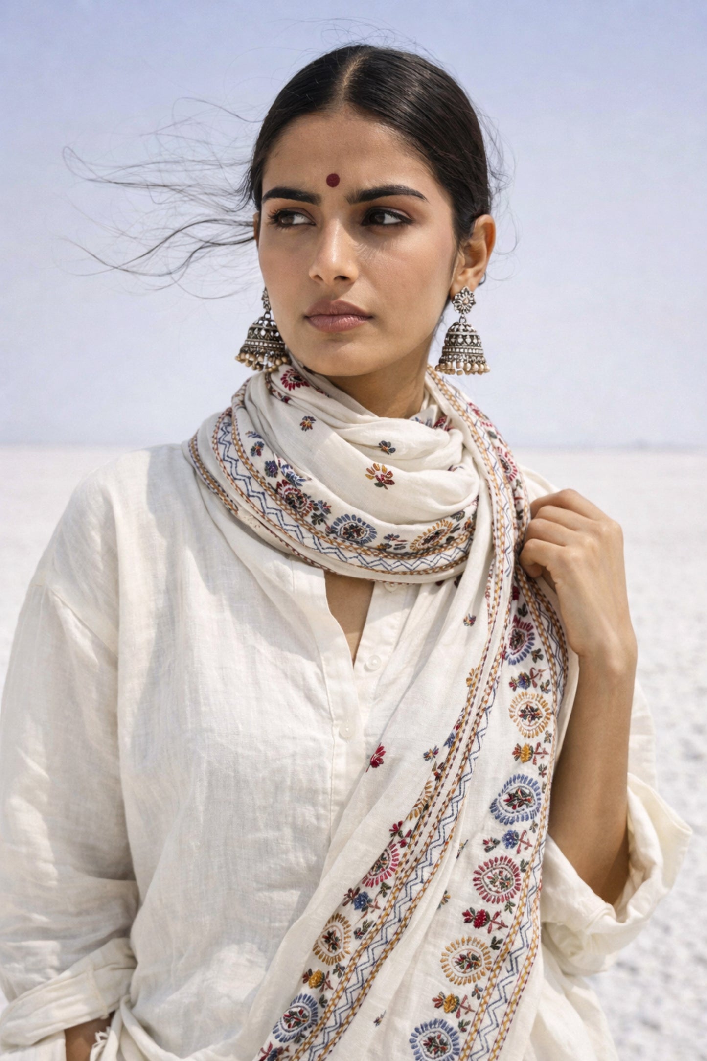 Handspun cotton dupatta in warm ivory shade featuring repeated floral hand embroidered motifs in red, blue, mustard, and green. Lightweight handcrafted dupatta with tassel edges, named Kalika.
