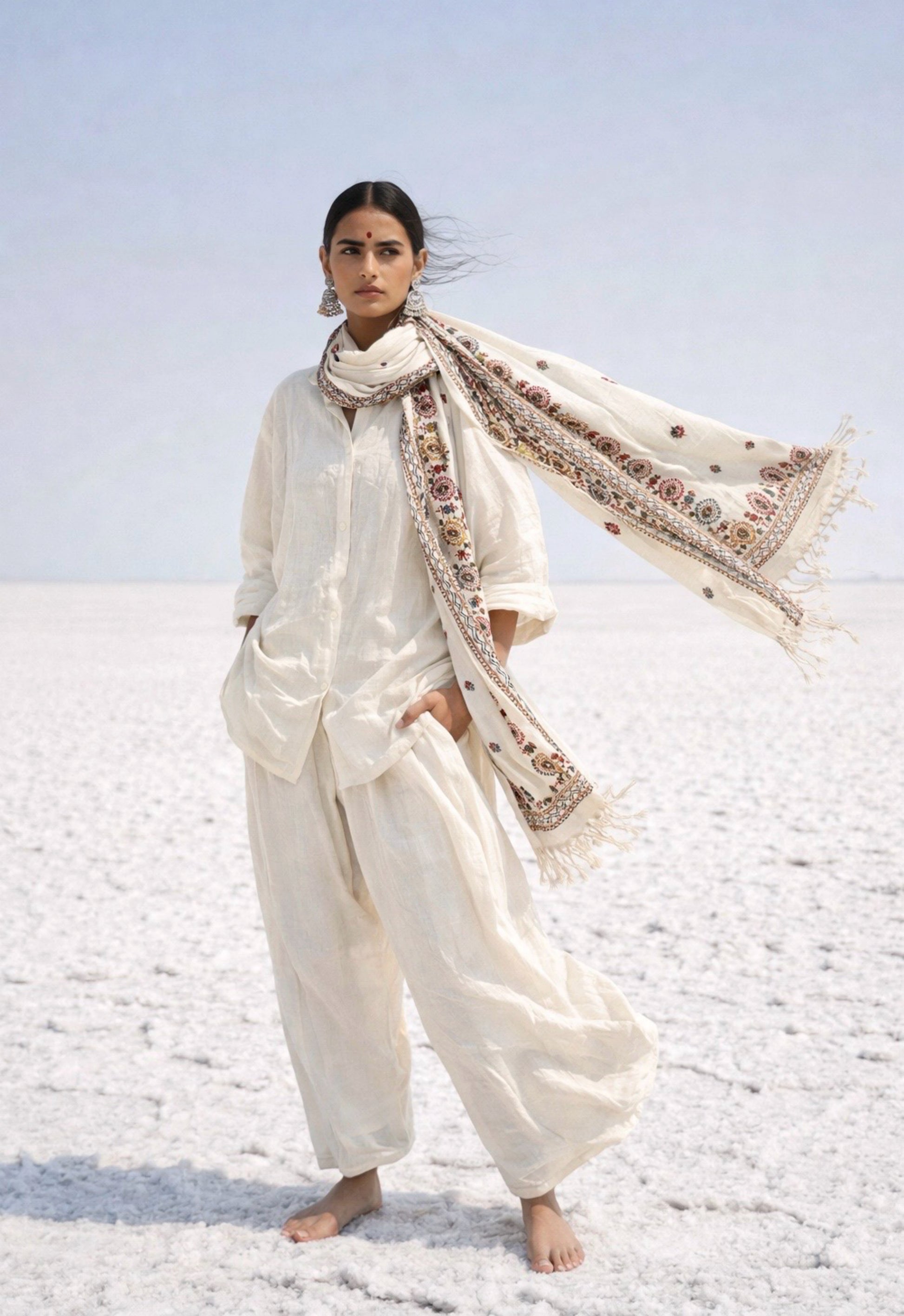 Handspun cotton dupatta in warm ivory shade featuring repeated floral hand embroidered motifs in red, blue, mustard, and green. Lightweight handcrafted dupatta with tassel edges, named Kalika.