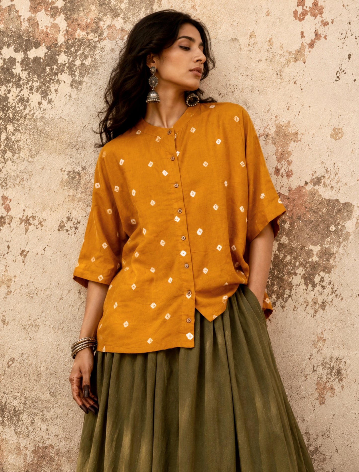 Kasumbi Dani mustard Bandhani cotton satin relaxed fit shirt with mandarin collar for women