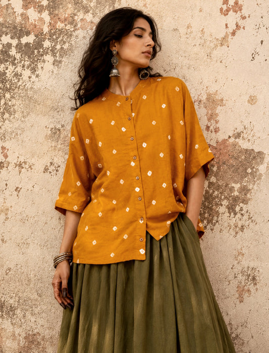Kasumbi Dani mustard Bandhani cotton satin relaxed fit shirt with mandarin collar for women