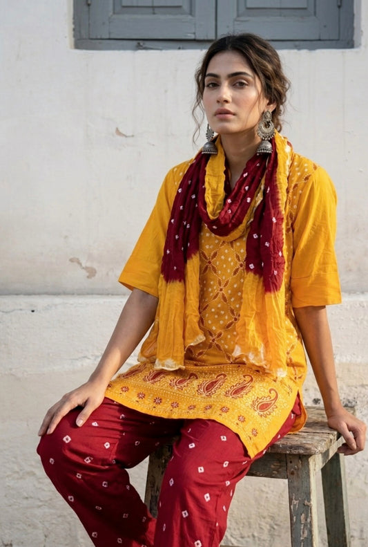 Yellow and maroon Bandhani three-piece set for women with embroidered kurta, comfortable-fit pants and hand tie dyed dupatta