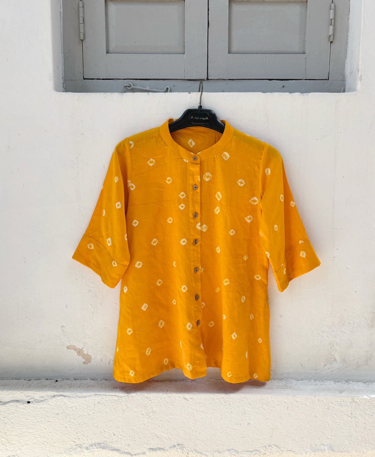 Kesari Dani yellow Bandhani cotton satin relaxed fit shirt with mandarin collar for women