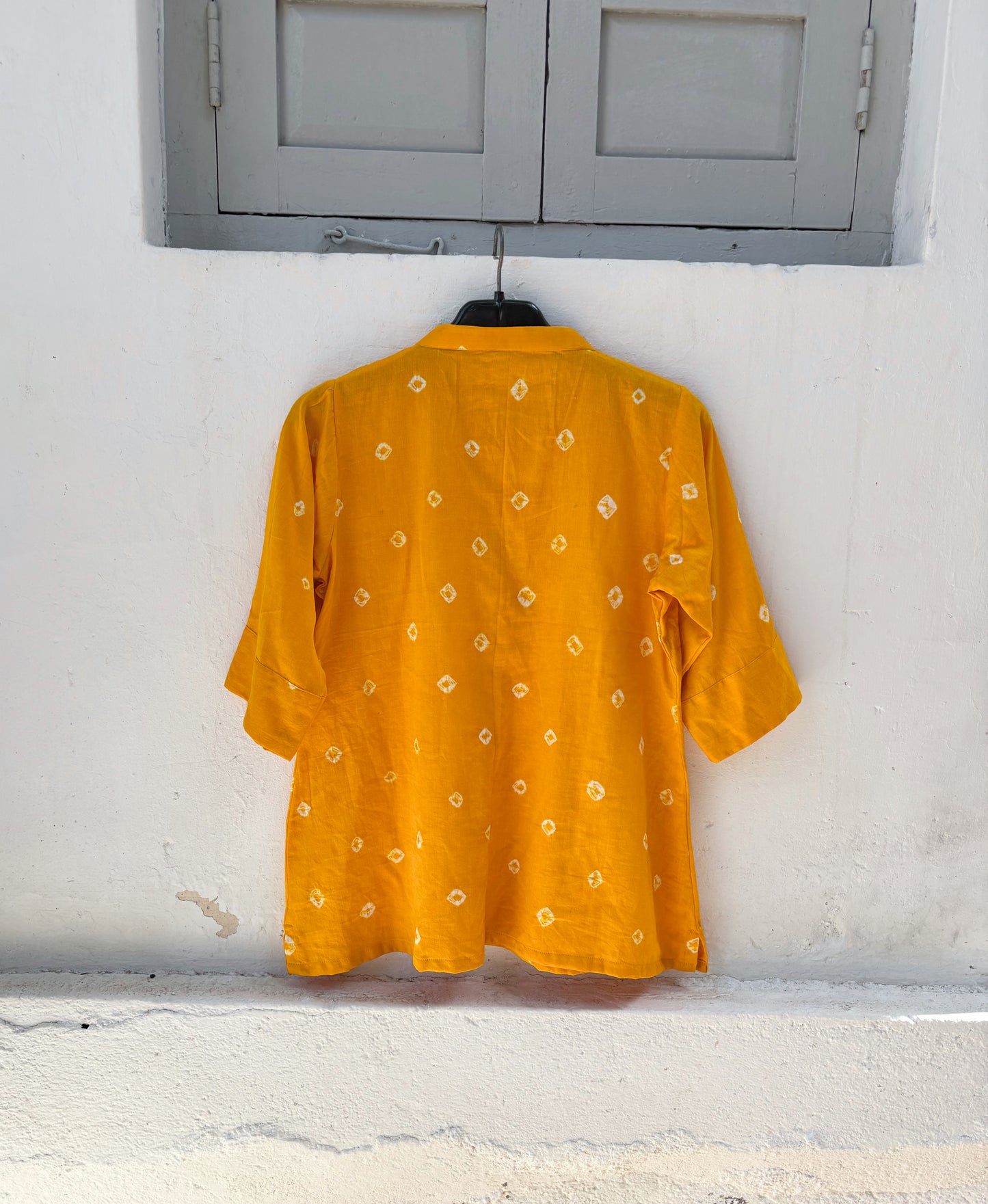 Kesari Dani yellow Bandhani cotton satin relaxed fit shirt with mandarin collar for women