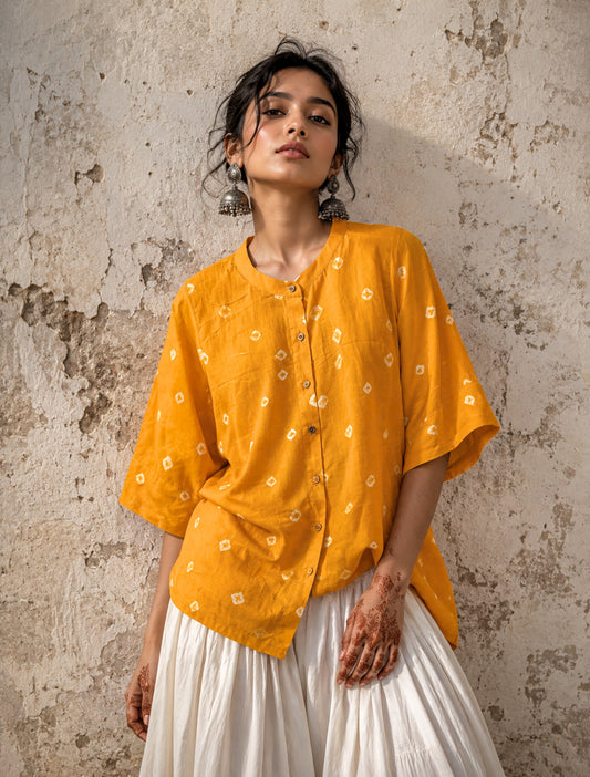 Kesari Dani yellow Bandhani cotton satin relaxed fit shirt with mandarin collar for women