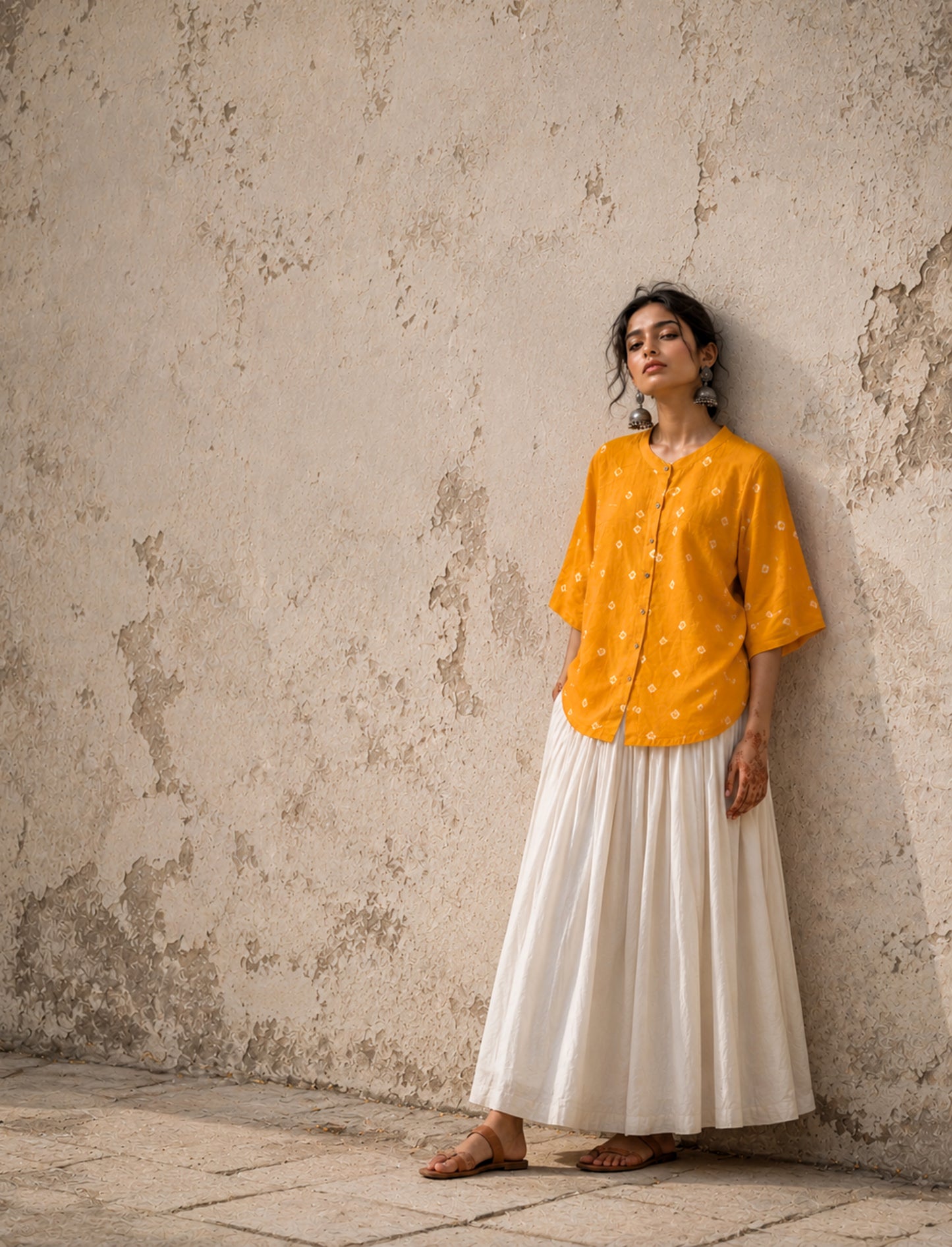 Kesari Dani yellow Bandhani cotton satin relaxed fit shirt with mandarin collar for women