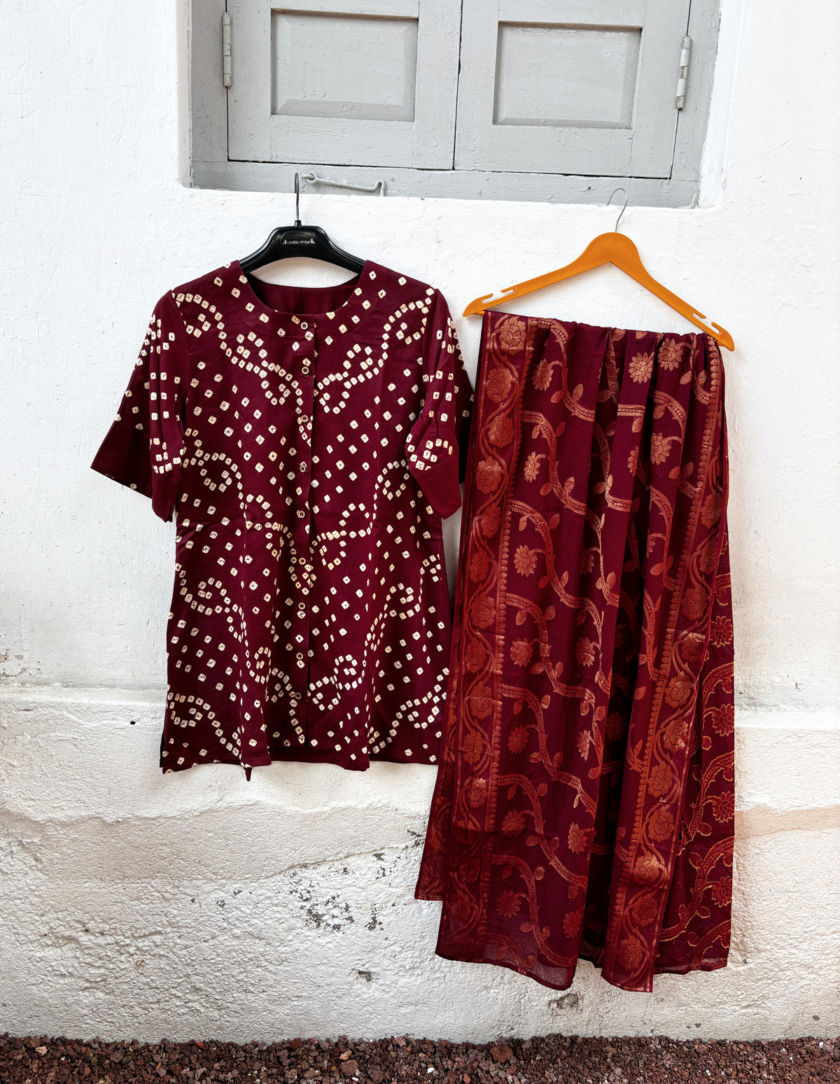 Kokum deep wine-red Bandhani shirt with ivory motifs, woven Farshi pants and floral patterned dupatta
