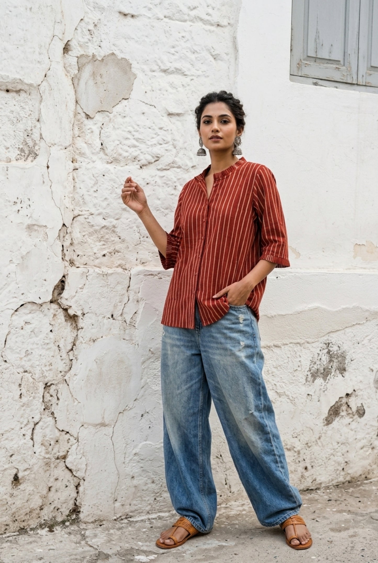 Natural dyed red Ajrakh hand block printed striped cotton shirt for women with pleated neckline and relaxed fit