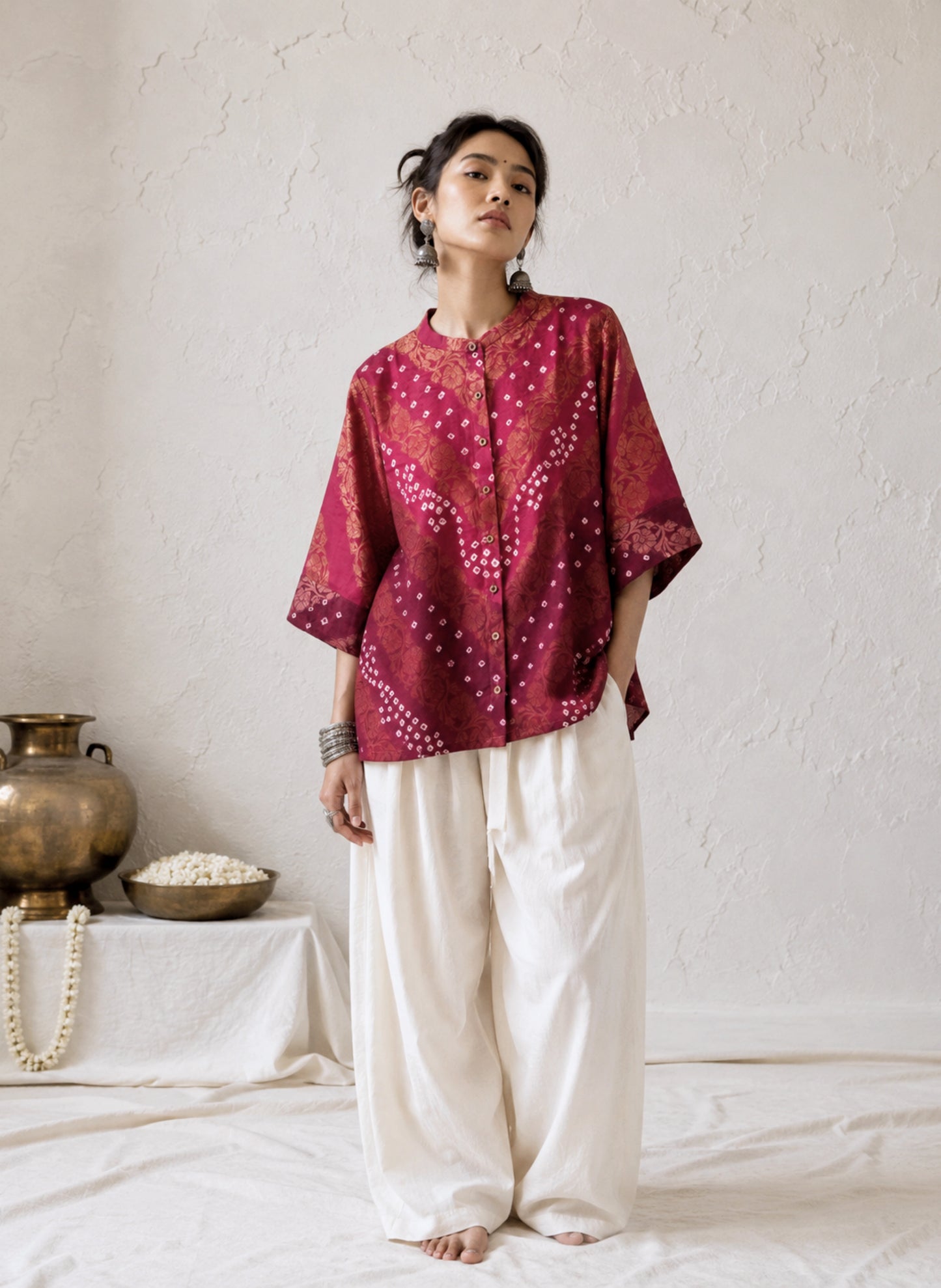 Lalima festive Bandhani cotton shirt in light raspberry wine and deep burgundy maroon with ivory hand tie-dyed Bandhani and antique-gold self-Banarasi floral weave