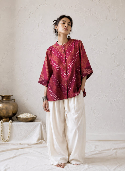Lalima festive Bandhani cotton shirt in light raspberry wine and deep burgundy maroon with ivory hand tie-dyed Bandhani and antique-gold self-Banarasi floral weave