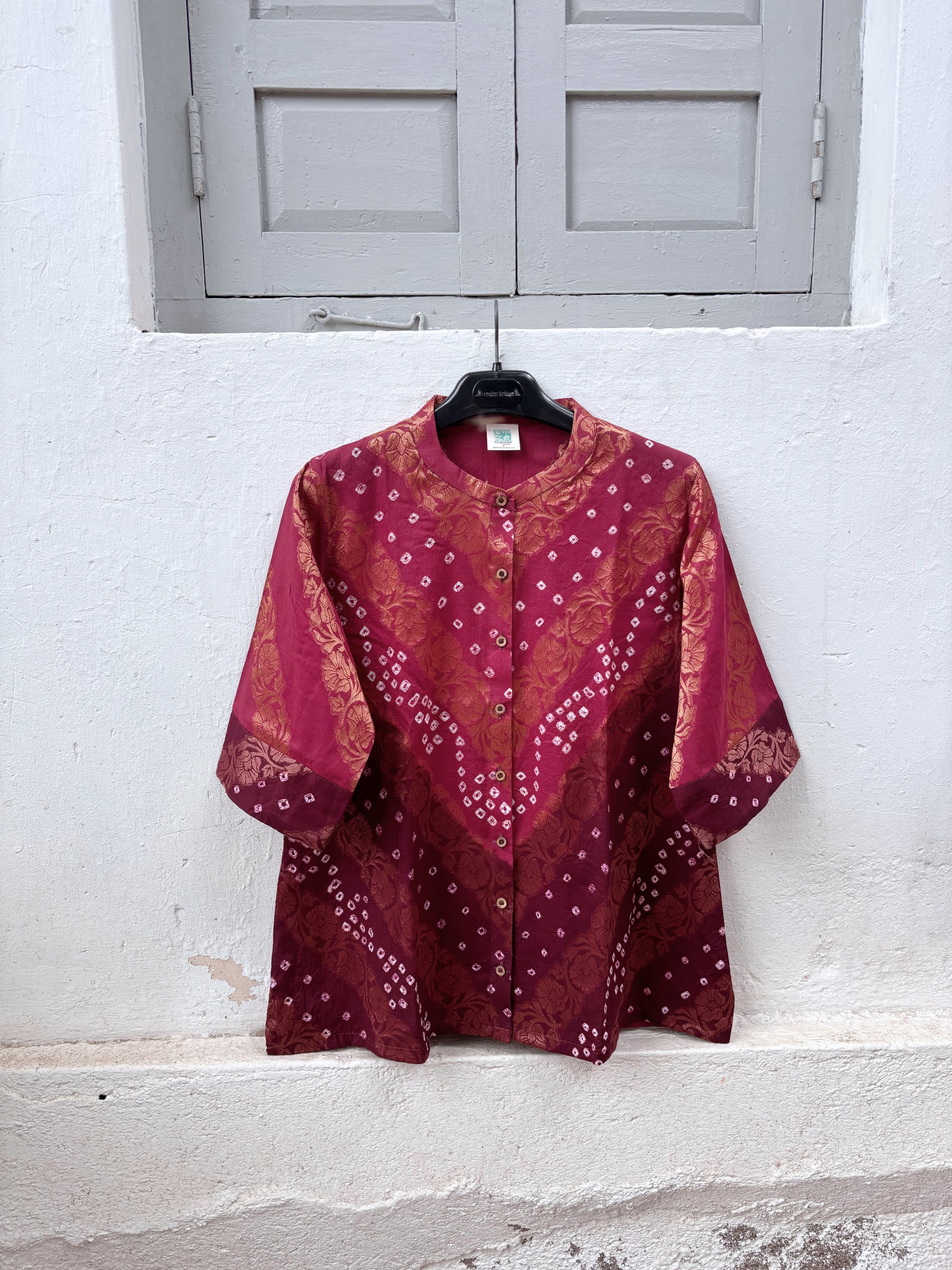 Lalima festive Bandhani cotton shirt in light raspberry wine and deep burgundy maroon with ivory hand tie-dyed Bandhani and antique-gold self-Banarasi floral weave