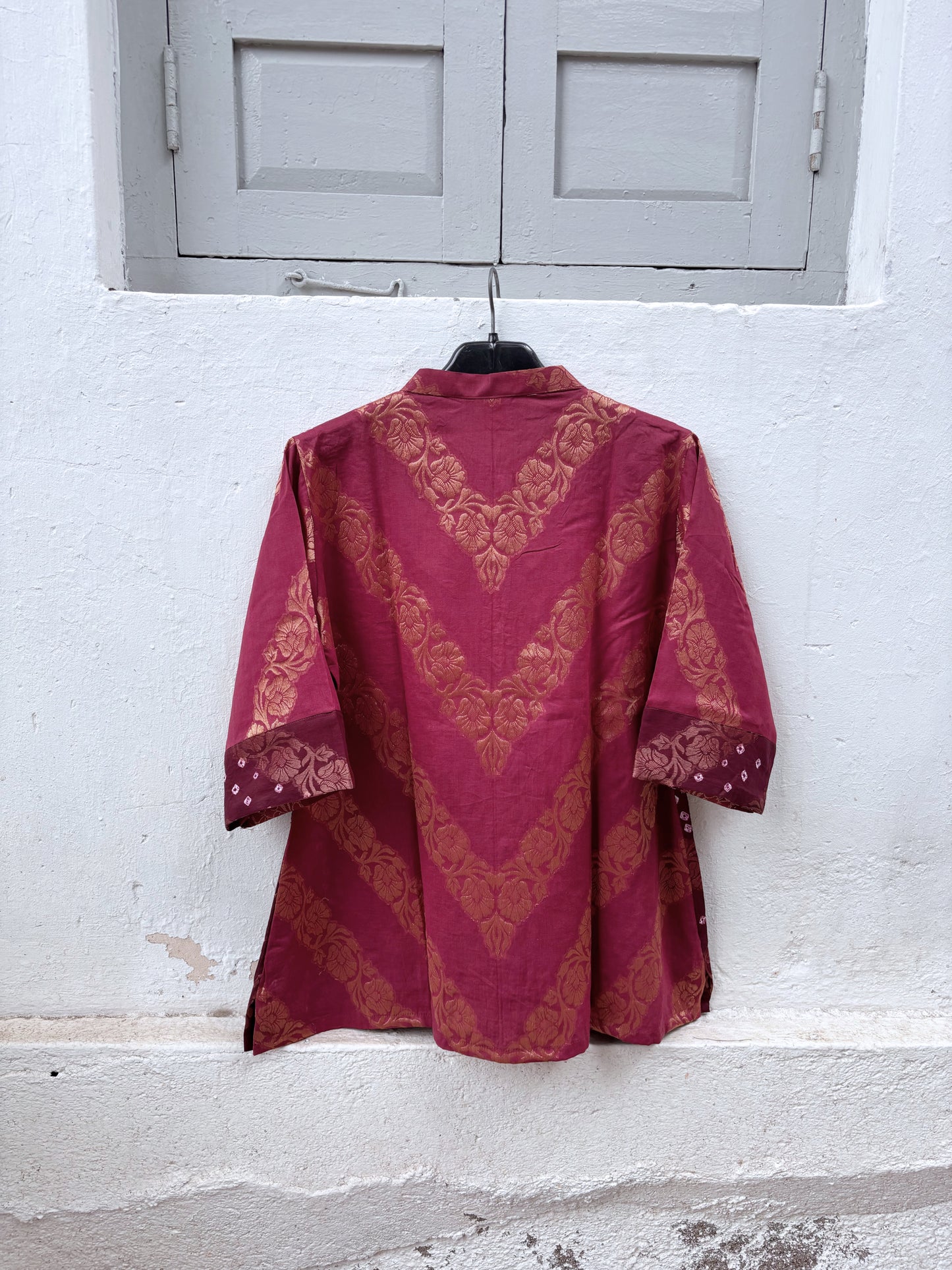 Lalima festive Bandhani cotton shirt in light raspberry wine and deep burgundy maroon with ivory hand tie-dyed Bandhani and antique-gold self-Banarasi floral weave