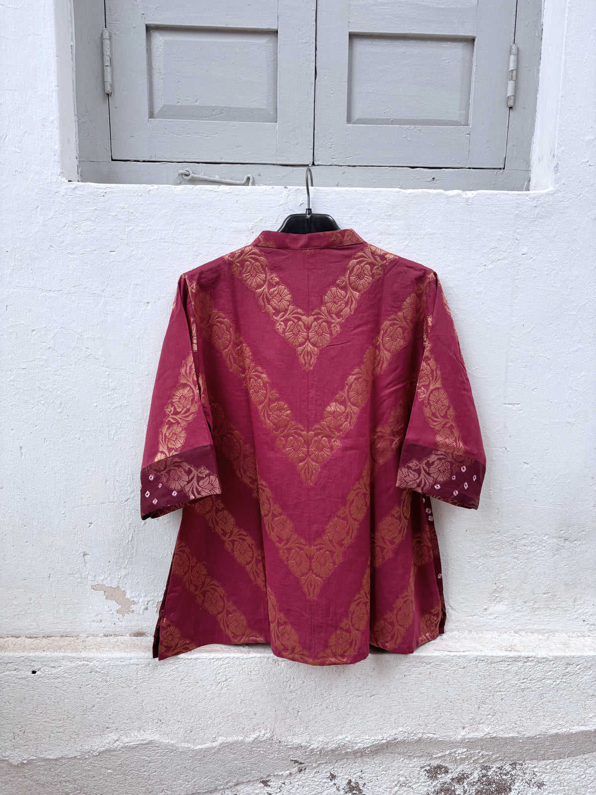 Lalima festive Bandhani cotton shirt in light raspberry wine and deep burgundy maroon with ivory hand tie-dyed Bandhani and antique-gold self-Banarasi floral weave