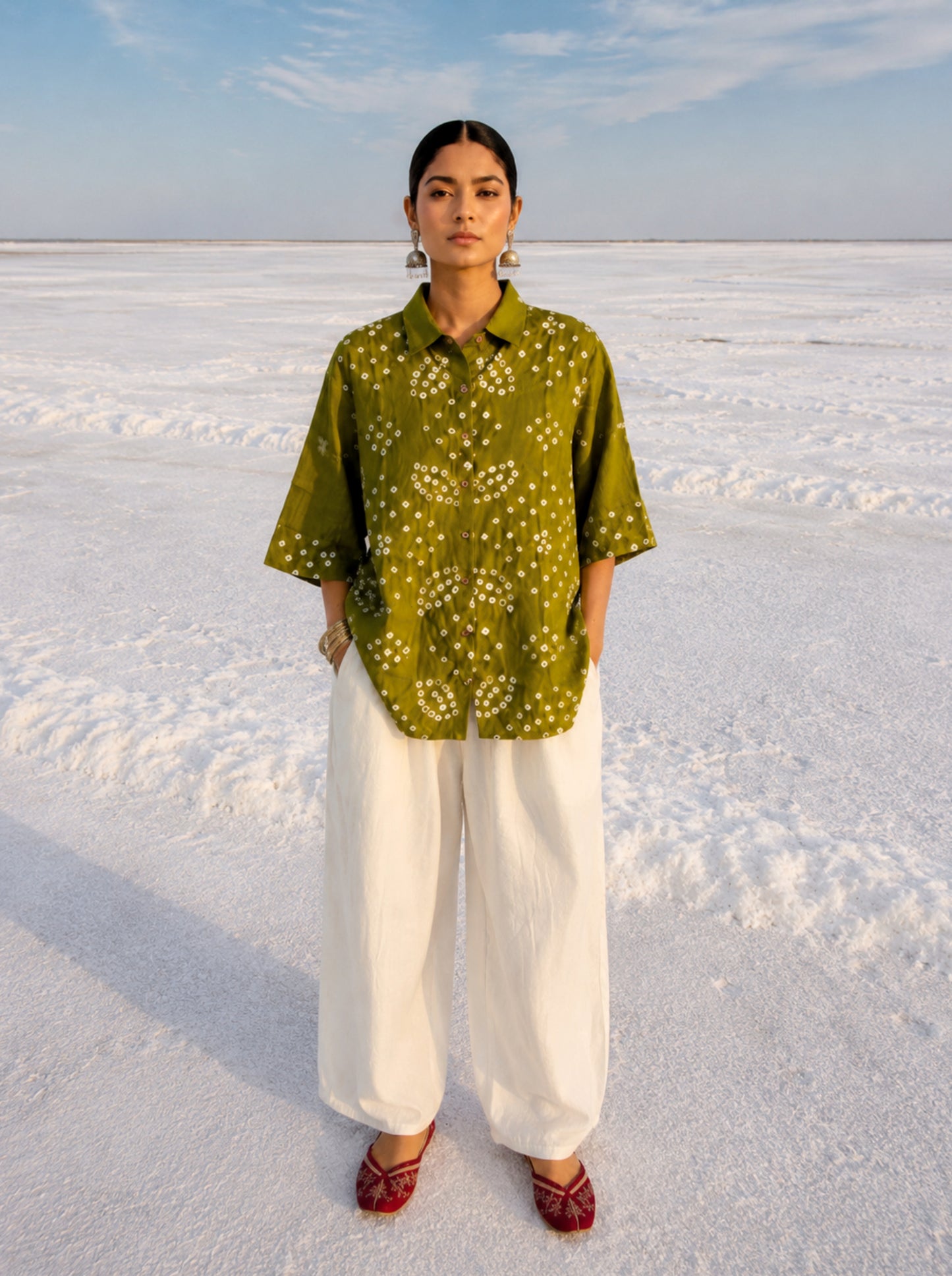 Leeli Dani olive green hand tie dyed Bandhani cotton satin relaxed fit collared shirt for women