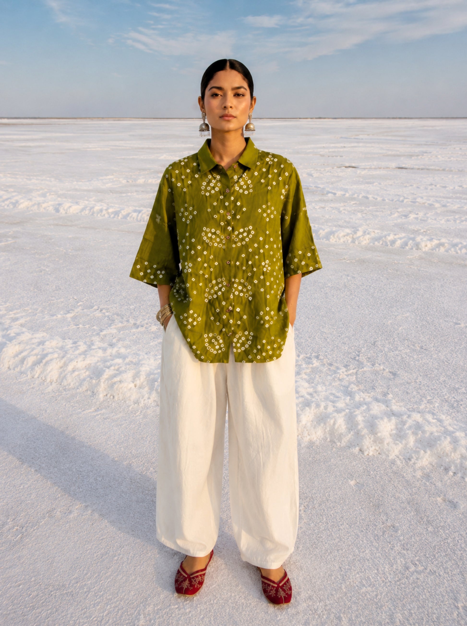 Leeli Dani olive green hand tie dyed Bandhani cotton satin relaxed fit collared shirt for women